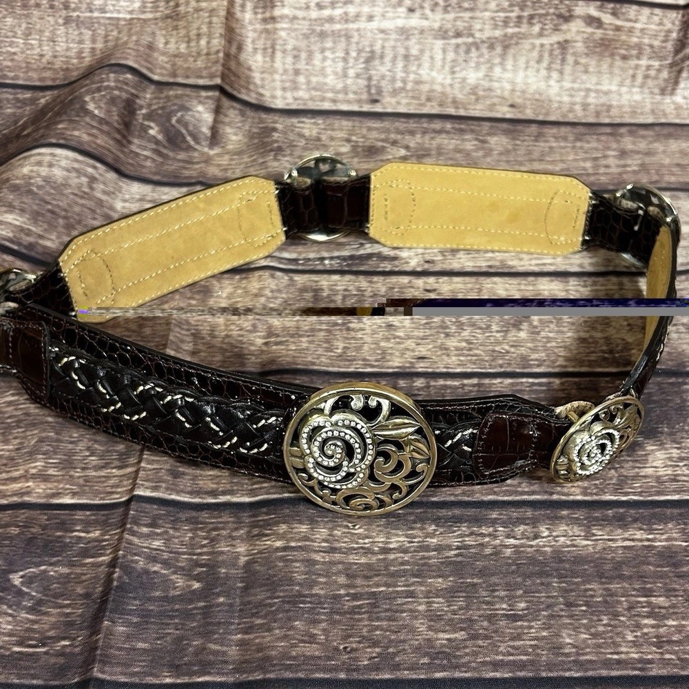 Brighton Brown Leather Concho Belt Size 34 Y2K Boho Rhinestone Scroll Western